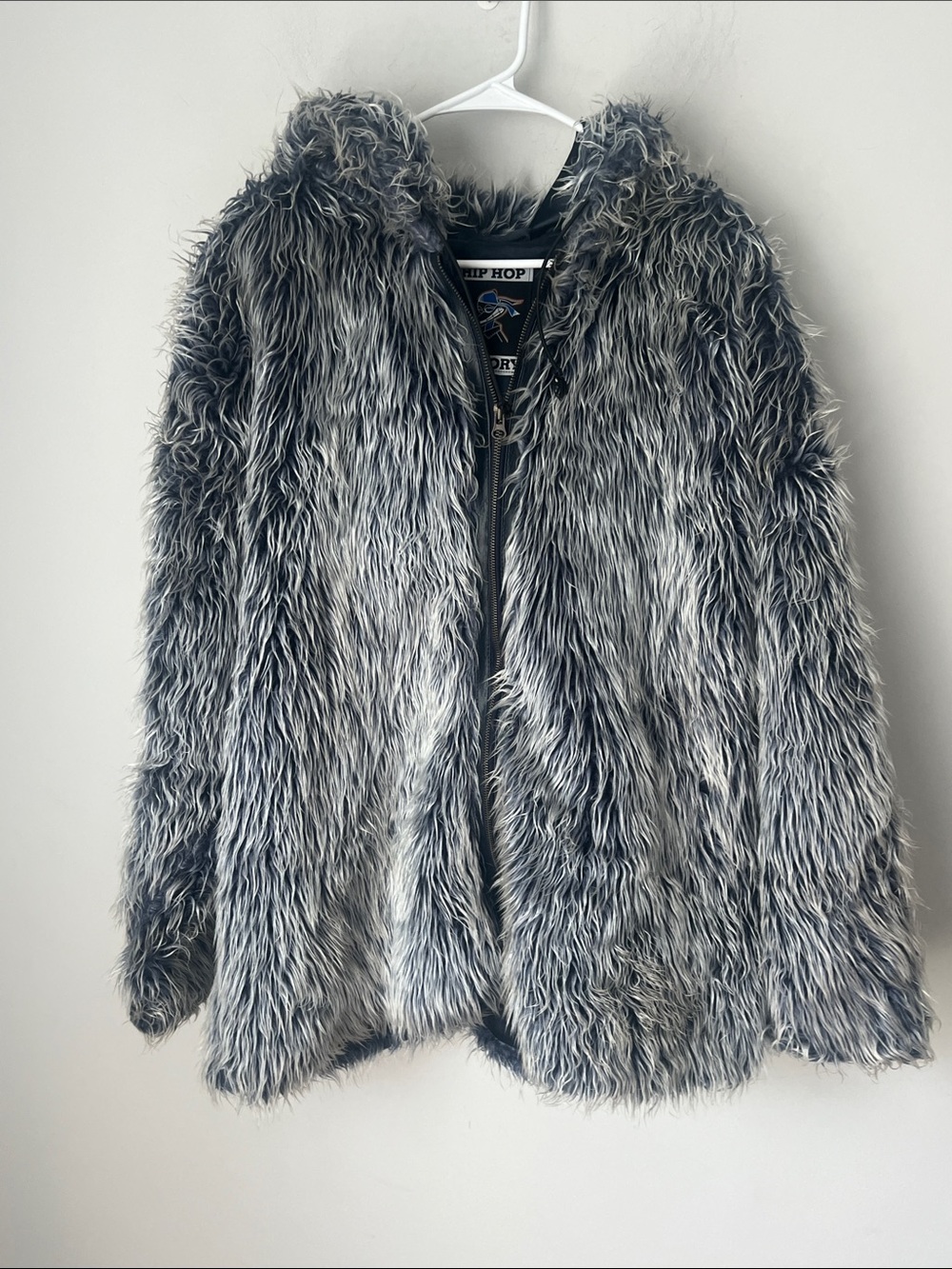 Y2K Hip Hop History Gray Faux Fur Shag Zip Hoodie Jacket XL ©️